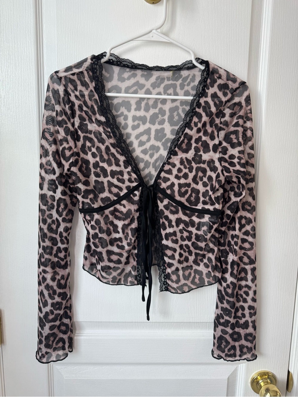 SHEIN Pink Leopard Sheer Lace-Trim Tie-Front Crop Top